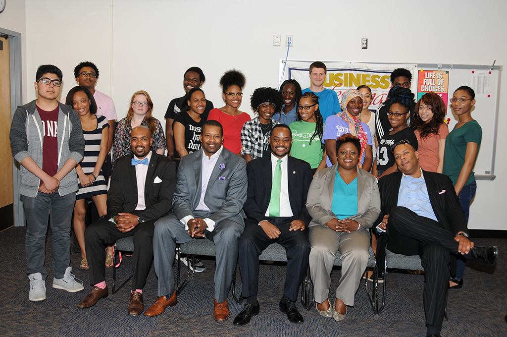 Council Member Darius Brown with students from the Howard High School of Technology Academy of Finance